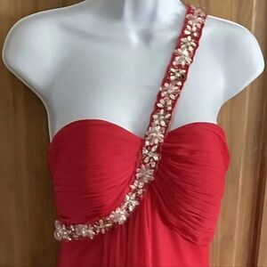 Cache Red Prom Dress. Shoulder strap beaded accents.